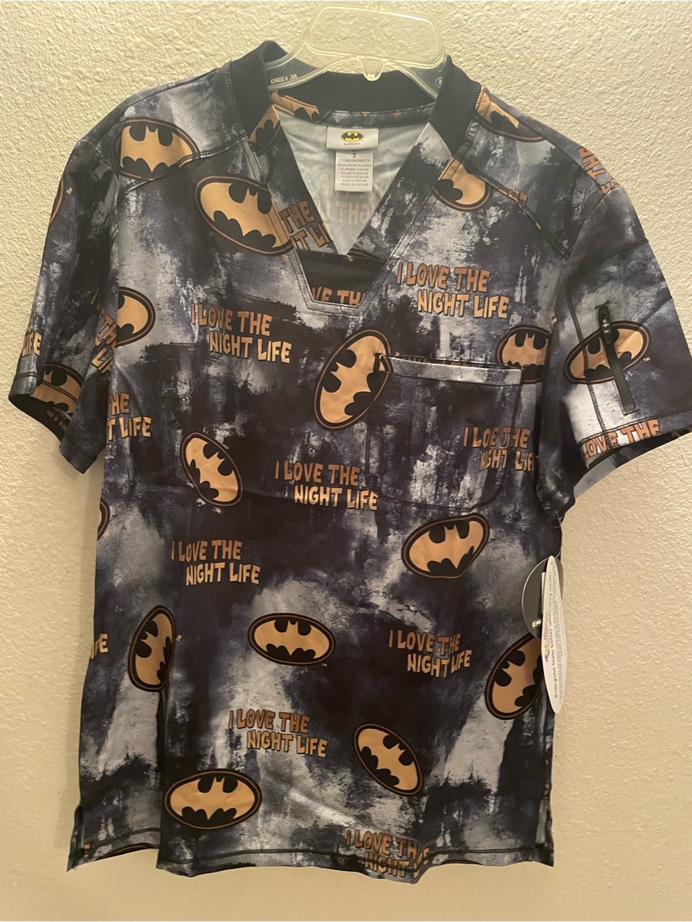 Batman Printed Scrub Top in Black and Gold Accents